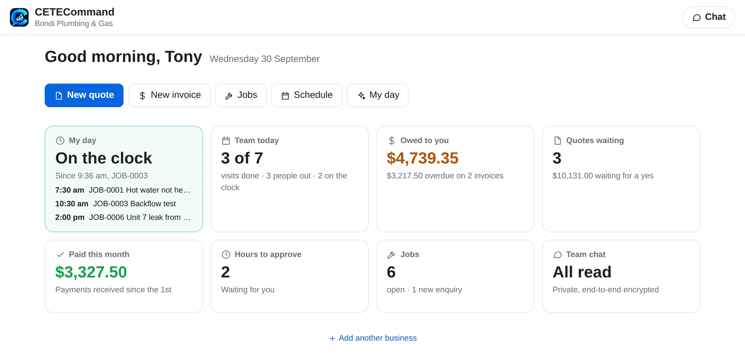 CETECommand on a computer: the home screen with today's jobs, money owed and the schedule